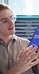 Man, programmer or phone screen with presentation for app design, UX or new UI at office. Male person, software developer or web designer with mobile smartphone for user demonstration or AI function