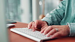 Hands, keyboard and typing at office, startup and review for newsletter with project management at company. Person, writer and editing process with computer, article and click at creative agency