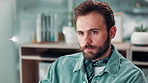 Business, computer and man in office, planning or connection with research for news report. Person, writer or journalist in workplace, pc or copywriting with editing, proofreading article or internet