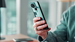 Business, hands and man in office, smartphone and digital app for economy news. Person, closeup and financial consultant in workplace, cellphone or message to contact, texting or connection for email