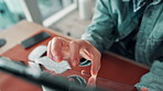 Hands, tablet and scroll at office, startup and review web design with project management at company. Person, developer and test website with digital touchscreen, app and typing at creative agency