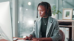 Black woman, typing and research with computer at office for journalism or copywriting. Female person, business employee or journalist with technology or app for article, news or publish at workplace