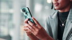 Business, hands and woman with smartphone, chatting and email for online schedule. Person, employee and consultant in workplace, cellphone and message to contact, connection and texting with app
