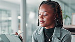 African woman, tablet and writing at office for legal consultation, research or advice by window. Person, attorney and digital touchscreen for notes on application, review or notification at law firm
