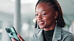 Business, smile and black woman with smartphone, texting and real estate company. African person, happy employee and property developer in workplace, cellphone and message to contact or communication