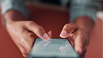 Person, hands and texting with phone screen above for communication, message or chat at office desk. Top view, employee or user typing with mobile smartphone display for online app or social media
