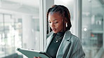 African woman, tablet and scroll at office for legal consultation, research or advice by window. Person, attorney and digital touchscreen for typing on application, review or notification at law firm