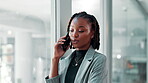 Business, black woman or phone call by window in office for investment negotiation, funding discussion or decision. Financial advisor, employee or talking to client for insurance advice or networking