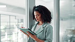 Business, smile and woman in office, tablet and digital app for editing, proofreading and email. Person, copywriting or journalist with tech, idea or planning with research for article or news report