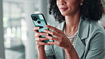 Business, hands and woman with cellphone, connection and digital app for social media. Person, employee and PR consultant in workplace, smartphone and message to contact, company website and email