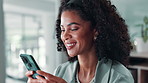 Business, smile and woman in office, smartphone and accounting company with connection. Person, employee and financial consultant in workplace, cellphone and message to contact, email and texting