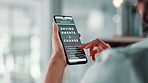 Person, hands and research with phone screen on website for eco friendly environment or ecosystem. Closeup, user or app with UI or UX for green project, sustainability or natural growth at workplace