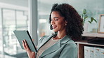 Business, smile and woman in office, tablet and PR company with connection. Person, employee and consultant in workplace, tech and message to contact, email and app for social media or website info