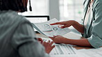 Business people, hands and meeting with documents for analytics, statistics or data at office desk. Closeup, financial analyst or employees with graph, chart or paperwork for company report or review