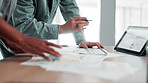 Business people, hands and discussion with tablet screen or documents for analytics, statistics or data. Closeup, employees or analyst with technology, graph or chart for overview or performance