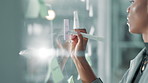 Business woman, writing and sticky notes with glass board for schedule planning, agenda or tasks. Female person, employee or designer with mindmap for brainstorming, ideas or reminders at workplace