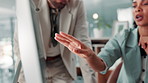 Business people, hands and ideas with computer for project planning or online design at office desk. Closeup, team or employees with technology app for web improvement, proposal or explaining steps