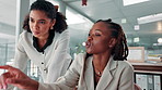 Business women, team and discussion with computer for collaboration, planning or online project at office desk. Female people, employees or explaining with technology for web design, ideas or tasks