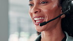 Happy woman, consultant or mouth with headset for call center communication or online support. Closeup, female person or agent speaking with mic for virtual assistance, advice or help at workplace