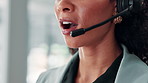 Business woman, consultant or mouth with headset for call center communication or online support. Closeup, female person or agent speaking with mic for virtual assistance, advice or help at workplace