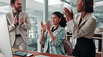 Happy, business people and computer with applause for celebration, winning or good news at office desk. Excited group, team or employees clapping with high five for company success or promotion