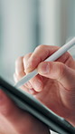 Hands, stylus and business person on tablet for writing report, schedule or compliance officer sign contract. Closeup, digital technology or worker with pen for regulations or review policy in office