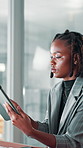 Business, office and black woman with tablet for research, networking or compliance officer scroll email. Digital technology, reading and worker online for regulations, review policy or report on app