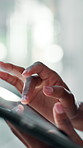 Hands, tablet and business person online for research, scroll or compliance officer check email. Closeup, digital technology or worker with touchscreen for schedule, review policy or report in office