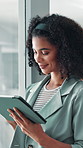 Office, smile and business woman with tablet for research, insight or compliance consultant with window view. Tech, reading and happy worker on internet for policy review, risk management or thinking
