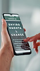 Hands, phone screen and website with business person in office for conservation or environmental change. App, article and search with employee scrolling on mobile for information or reading at work