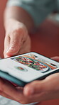 Online shopping, browsing and person with smartphone, hands and choice for food on website or screen. Ecommerce, customer and scrolling on mobile for breakfast, tech or checking menu on digital store