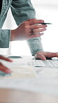 Business, document and closeup of hands with discussion for budget forecasting, investment analysis and planning. Financial analyst, meeting and people with feedback for trends projection and growth