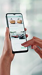 Person, hands and browsing with phone screen for hotel accomodation, online booking or planning vacation. Closeup, display or user scrolling on mobile smartphone, website or app for stay at resort
