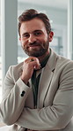 Face, business and man in office, smile and confidence with corporate professional, bonus and investment. Portrait, happy person and employee in workplace, accounting and goals for profit growth