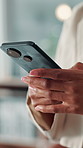 Hands, phone and social media with business black woman in office for communication or text message. App, contact and smile of happy employee closeup in workplace for mobile networking or search