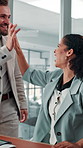 Business people, high five and woman in office, smile and success with celebration. Employees, group and consulting agency in workplace, hand gesture and applause with cheering, wow and excited