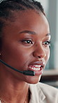 Headset, black woman and customer service agent in office with communication, contact us or helpdesk. Talking, mic and African quality assurance analyst with online call for client support with crm.