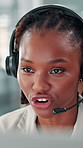Headset, black woman and call center consultant in office with communication, contact us or helpdesk. Talking, mic and female quality assurance analyst with online call for client support with crm.