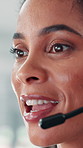 Headset, woman and customer support consultant in office with communication, contact us or helpdesk. Talking, mic and female quality assurance analyst with online call for client networking with crm.