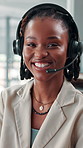 Headset, black woman and face of customer service consultant in office with communication or contact us. Portrait, mic and African female quality assurance analyst with online crm for client support.