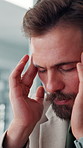 Tired, business and man with headache in office for workload pressure, burnout and accounting mistake. Male person, fatigue and pain with migraine for deadline challenge, brain fog and financial risk