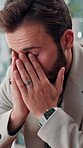 Business, employee and man with stress, thinking and typing resignation letter, online and keyboard. Office, contemplating and person with anxiety for outcome, uncertain and guilt for leaving company