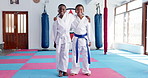 Boy, friends or face with hug in karate for martial arts training, self defense or fighting competition. Portrait, children or love with support or youth for taekwondo challenge or friendship in dojo