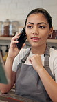 Order, phone call and woman with tablet in cafe for inventory update, restaurant stock and small business. Hospitality, barista or store manager talking for planning menu, coffee shop prices or sales