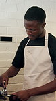 Coffee machine, black man and barista in cafe with service for retail latte, cappuccino or espresso. Startup, tools and server with equipment for grinding, brewing or preparing caffeine in restaurant