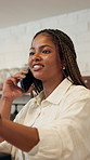 Check, phone call and cafe with woman in startup for inventory update, restaurant stock order and small business. Hospitality, store and female manager talking for planning menu, coffee shop or sales