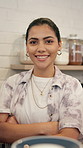 Happy, woman and face of barista in coffee shop with confidence for service career in restaurant. Smile, crossed arms and portrait of female waitress with pride for hospitality in startup cafe.