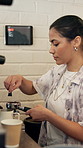 Coffee machine, woman and barista in cafe with service for retail latte, cappuccino or espresso. Startup, tools and server with equipment for grinding, brewing or preparing caffeine in restaurant.