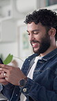 Business, man and happy with phone in office for client chat, typing email or online project feedback. Communication, employee and smartphone for text message, internet research or social media break