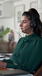 Headset, woman and secretary in office for communication, contact us or help desk. Technology, customer service and female assistant talking with online discussion for client support in workplace.